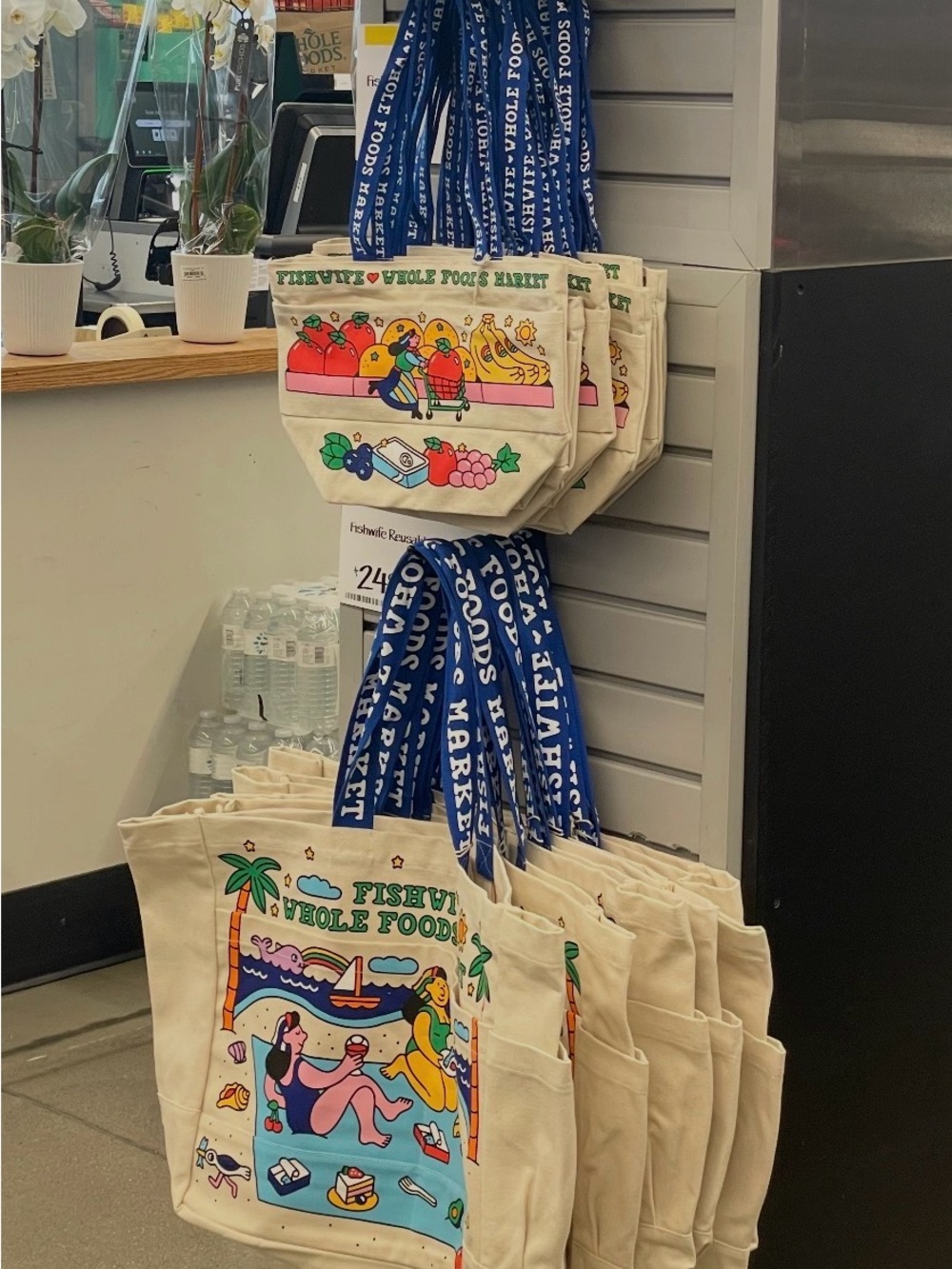 Canvas Tote Bag with Multicolor Market & Beach Illustration - Cream